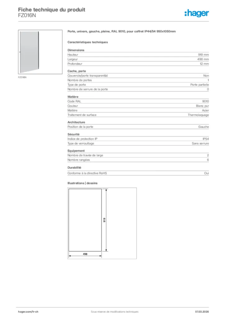 Image Hager Fiche technique du produit FZ016N | Hager Suisse
