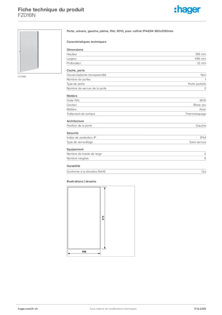 Image Hager Fiche technique du produit FZ016N | Hager Suisse