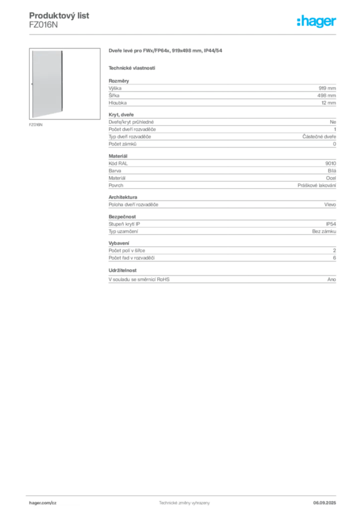 Obrázek Hager Produktový list FZ016N | Hager
