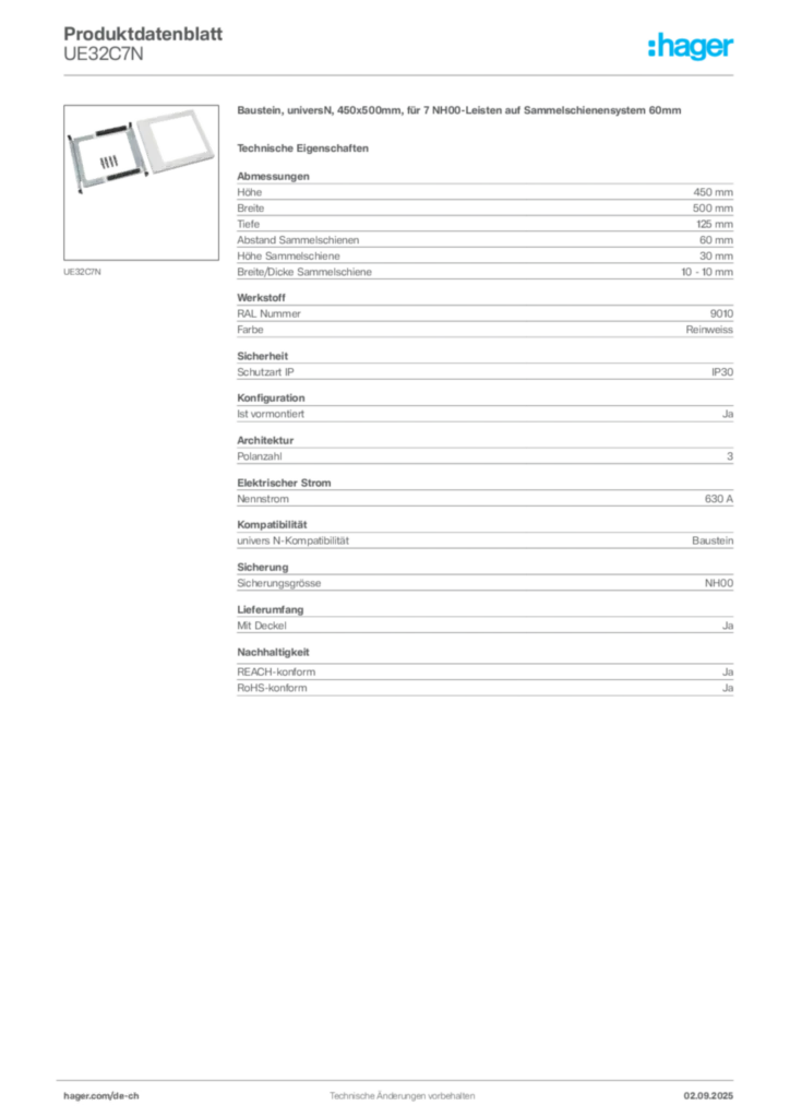 Bild Hager Produktdatenblatt UE32C7N | Hager Schweiz