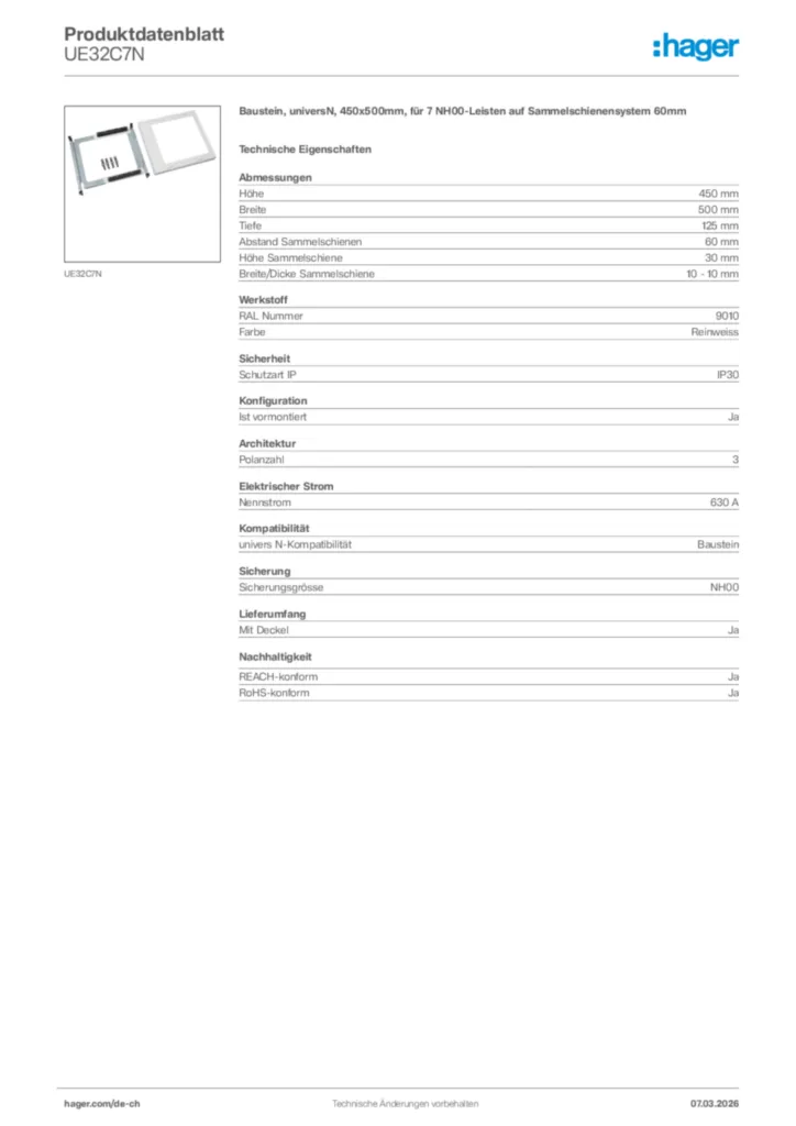 Bild Hager Produktdatenblatt UE32C7N | Hager Schweiz