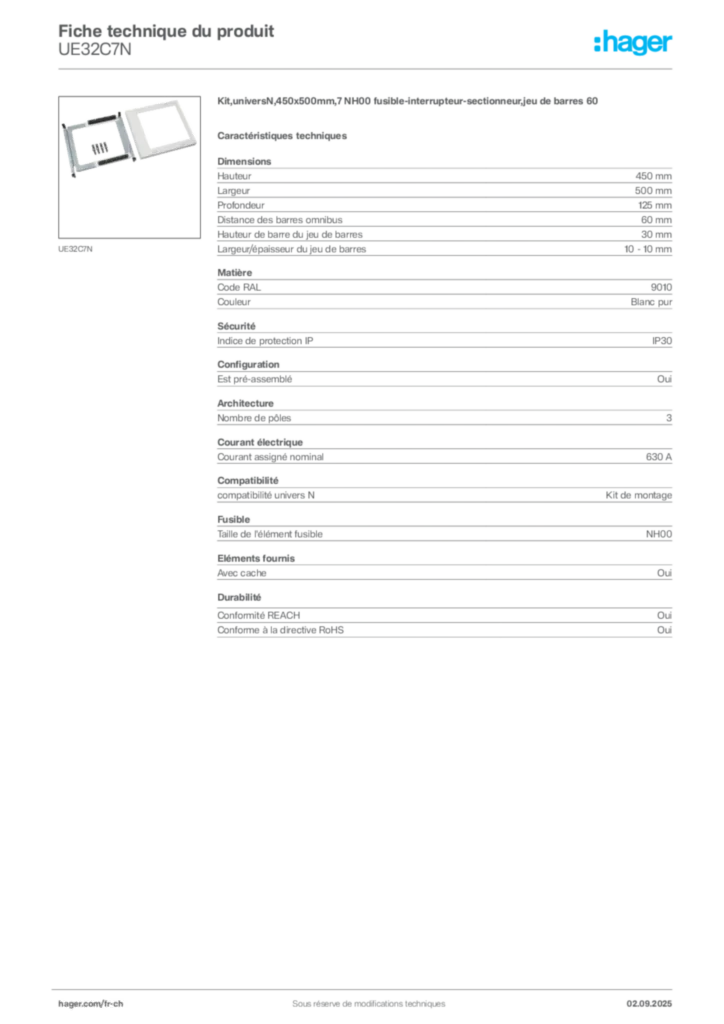 Image Hager Fiche technique du produit UE32C7N | Hager Suisse