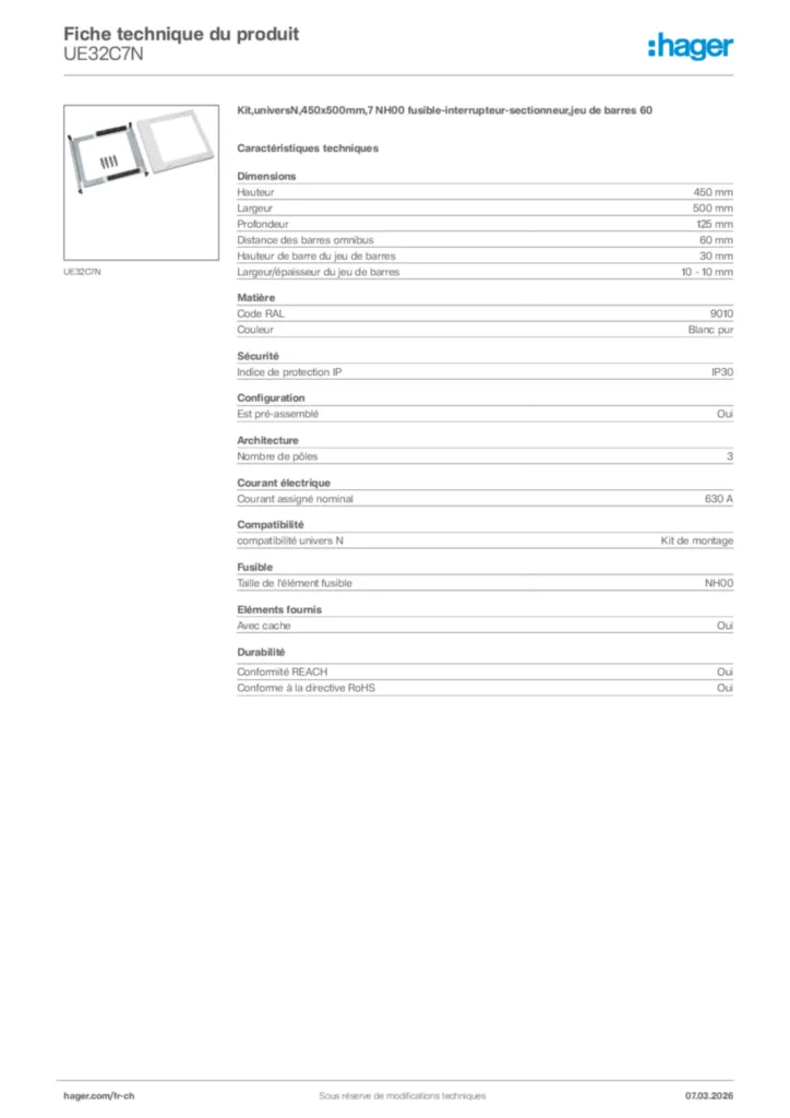 Image Hager Fiche technique du produit UE32C7N | Hager Suisse