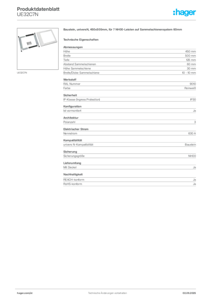 Bild Hager Produktdatenblatt UE32C7N | Hager Deutschland
