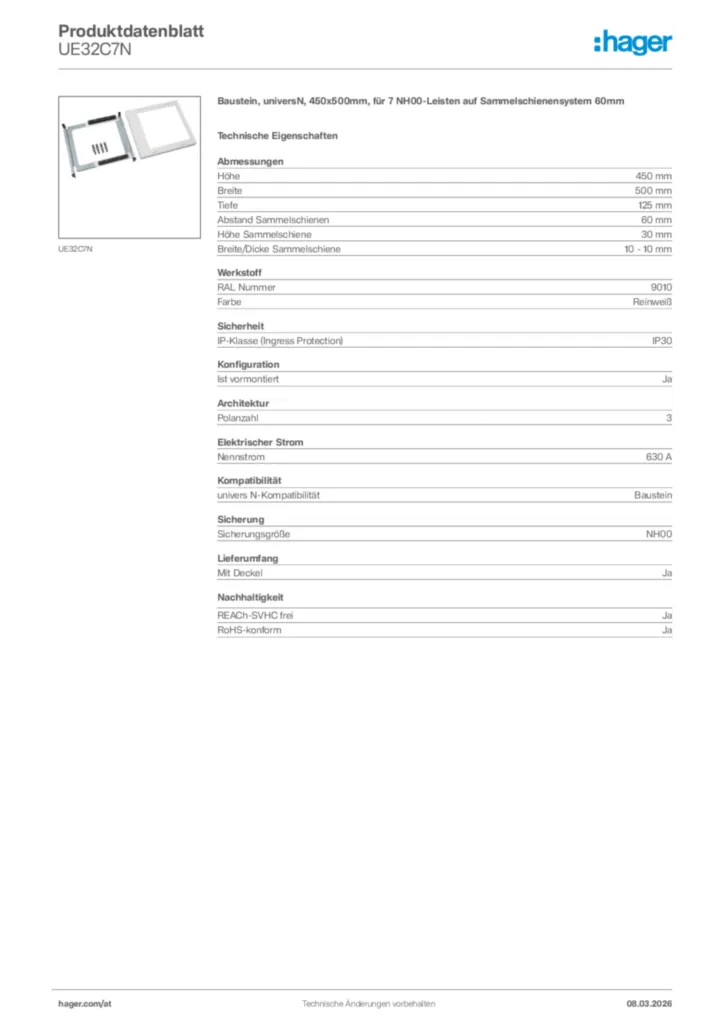 Bild Hager Produktdatenblatt UE32C7N | Hager Deutschland