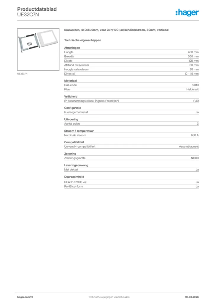 Afbeelding Hager Productdatablad UE32C7N | Hager Nederland