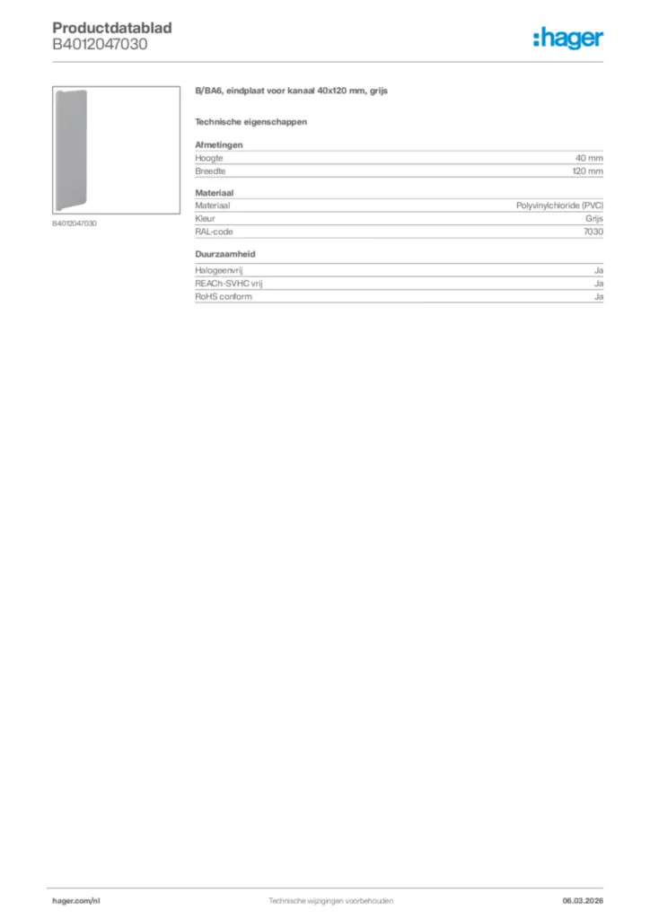 Afbeelding Hager Productdatablad B4012047030 | Hager Nederland