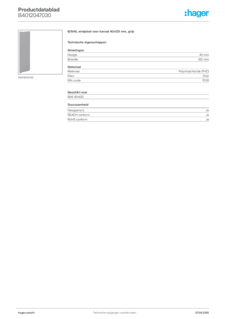 Afbeelding Hager Productdatablad B4012047030 | Hager Nederland
