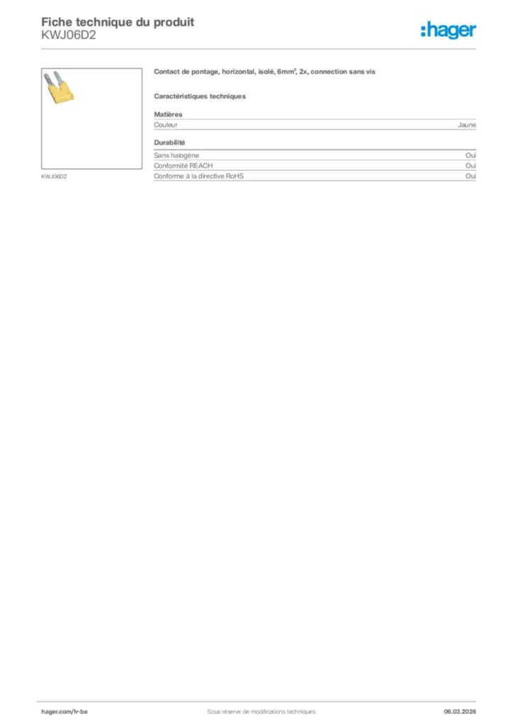 Image Hager Fiche technique du produit KWJ06D2 | Hager Belgique