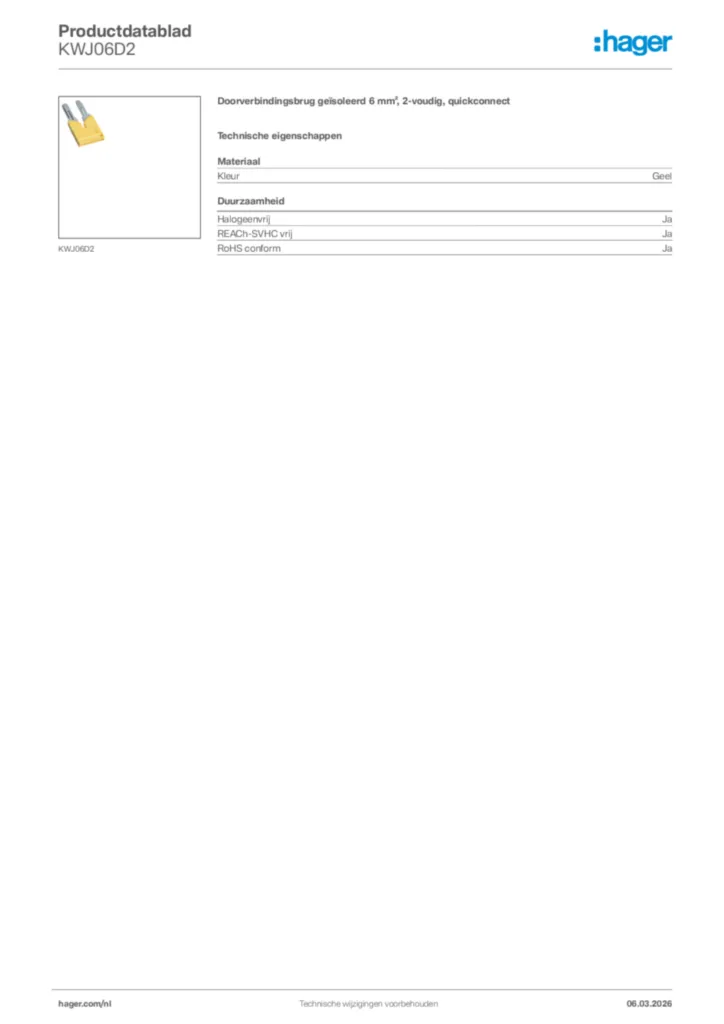 Afbeelding Hager Productdatablad KWJ06D2 | Hager Nederland