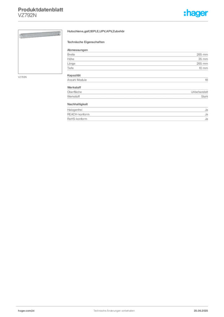 Bild Hager Produktdatenblatt VZ792N | Hager Deutschland