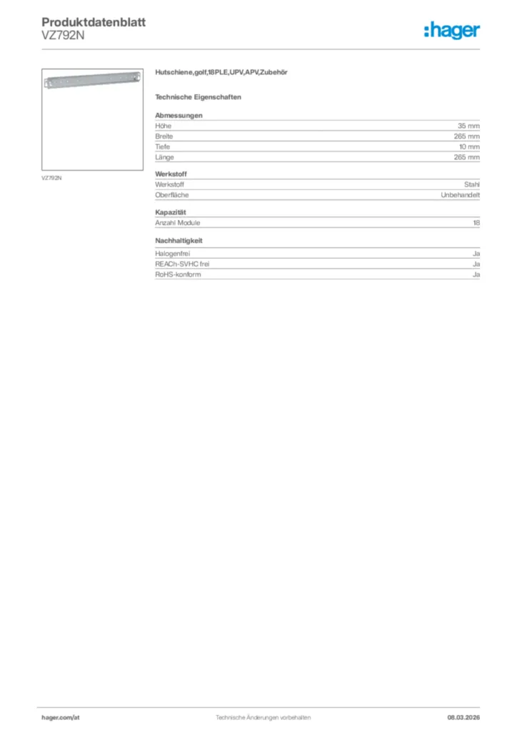 Bild Hager Produktdatenblatt VZ792N | Hager Deutschland