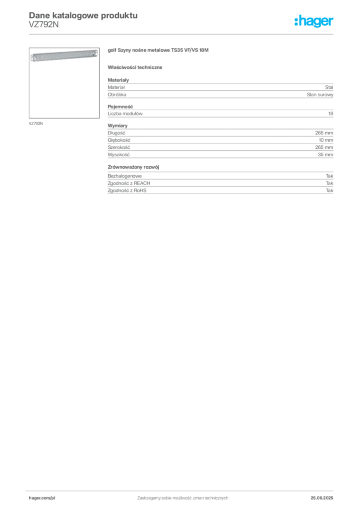 Zdjęcie Hager Karta katalogowa VZ792N | Hager Polska