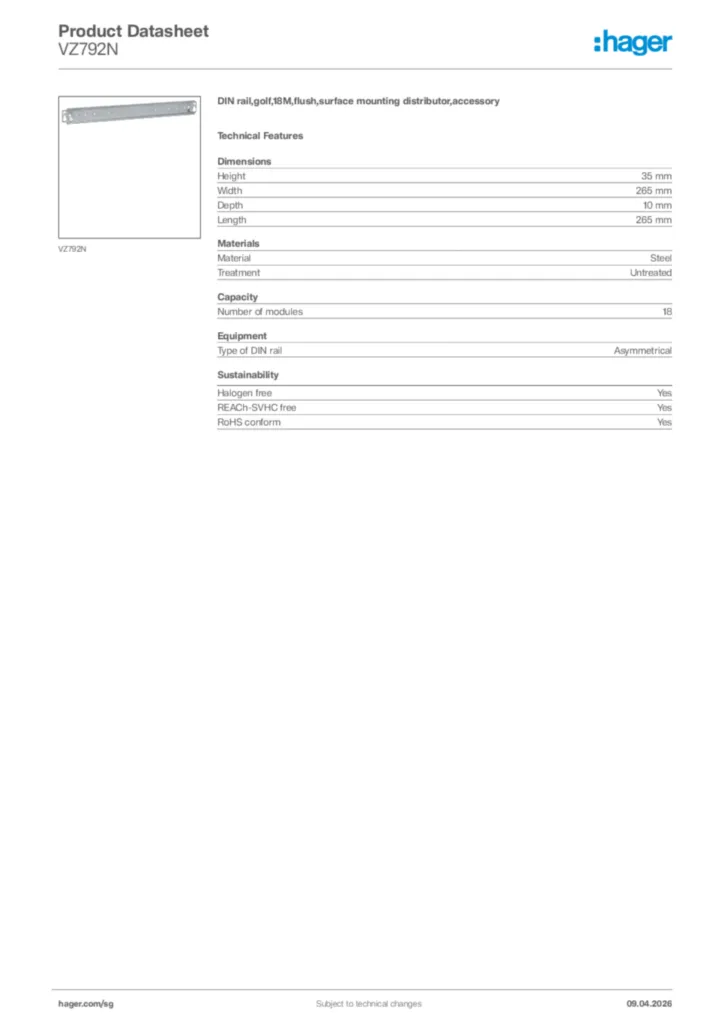 Image Hager Product data sheet VZ792N  | Hager