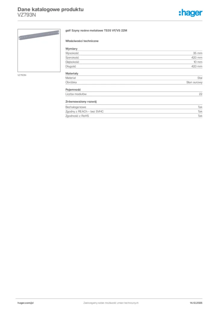 Zdjęcie Hager Karta katalogowa VZ793N | Hager Polska