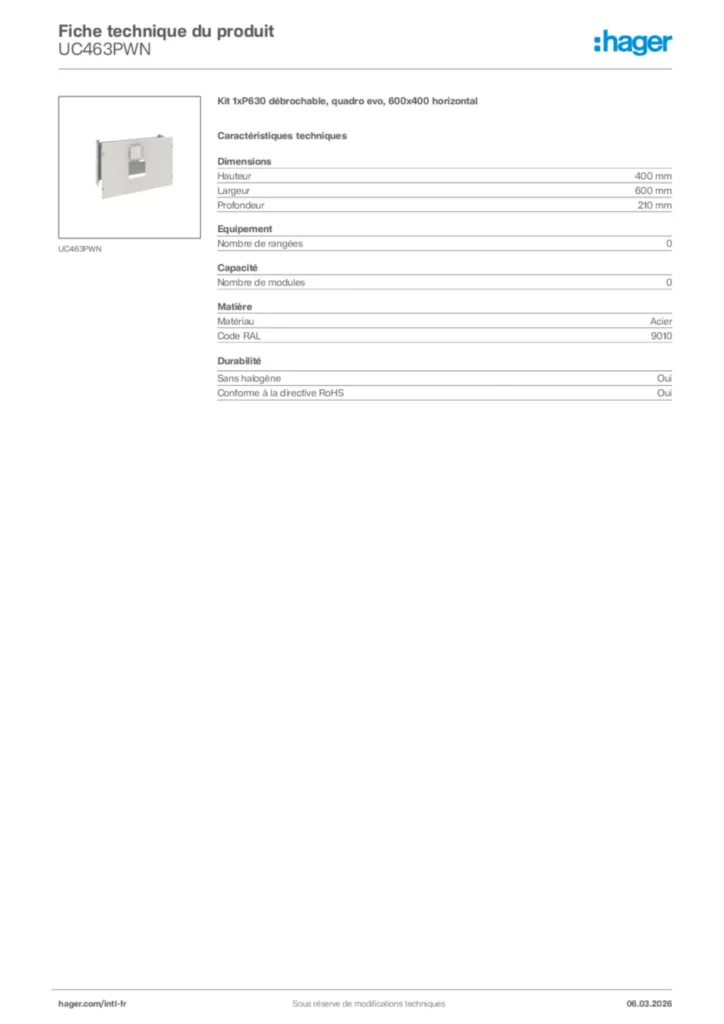 Image Hager Fiche technique du produit UC463PWN | Hager Afrique