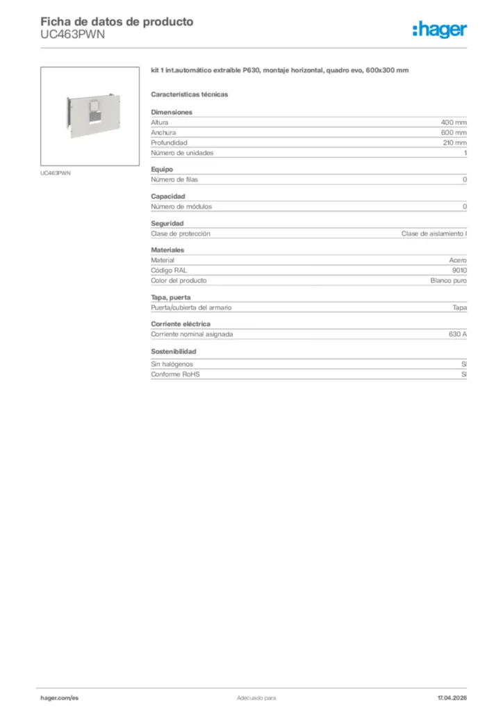 Imagen Hager Ficha de datos de producto UC463PWN | Hager España
