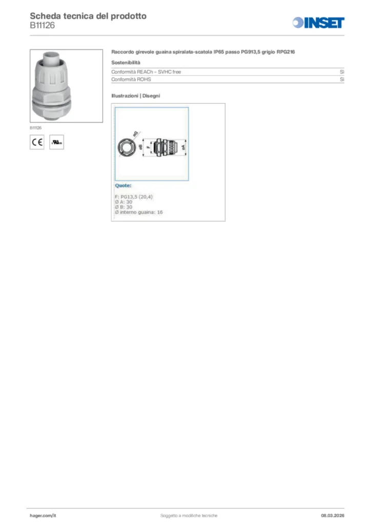 Immagine Inset Scheda tecnica del prodotto B11126 | Hager Italia