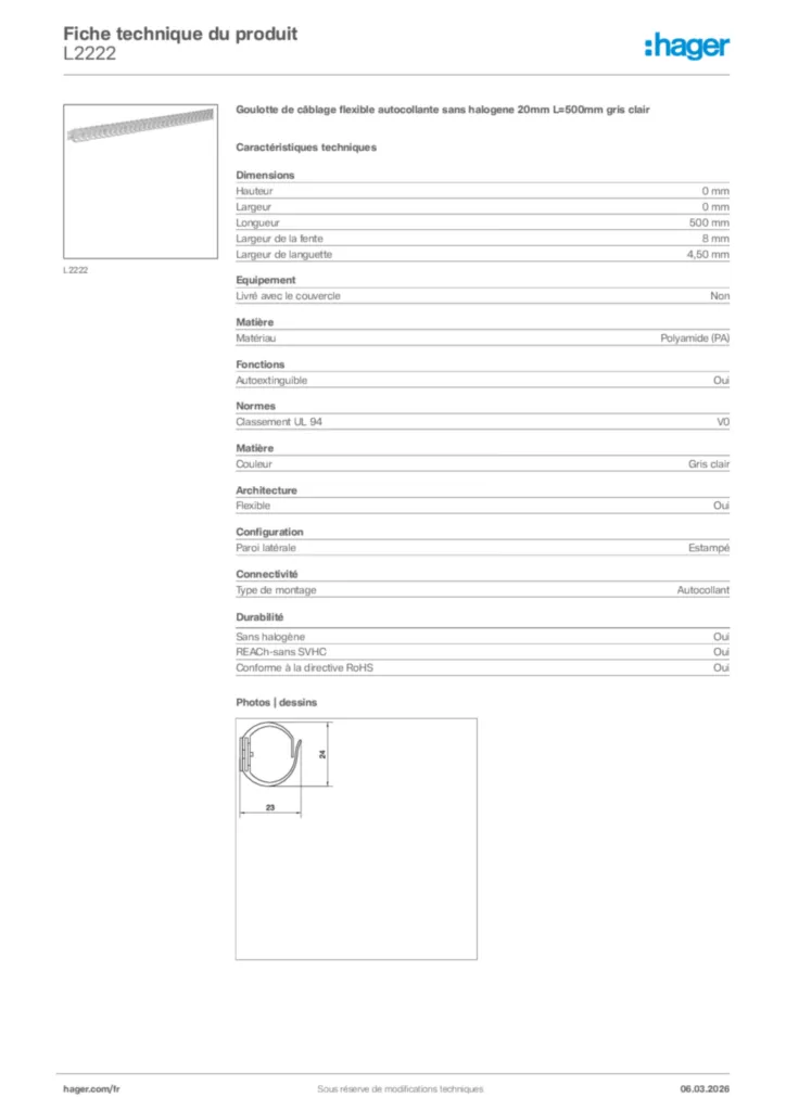 Image Hager Fiche technique du produit L2222 | Hager France