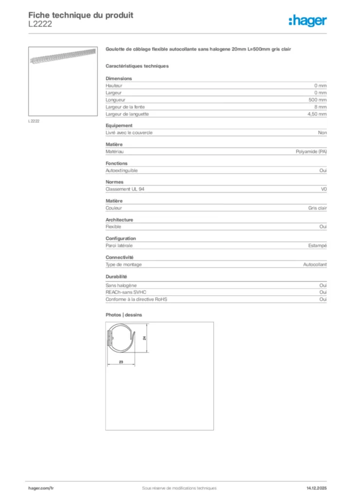 Image Hager Fiche technique du produit L2222 | Hager France