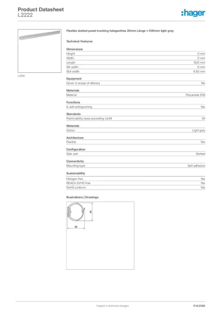 Image Hager Product data sheet L2222  | Hager