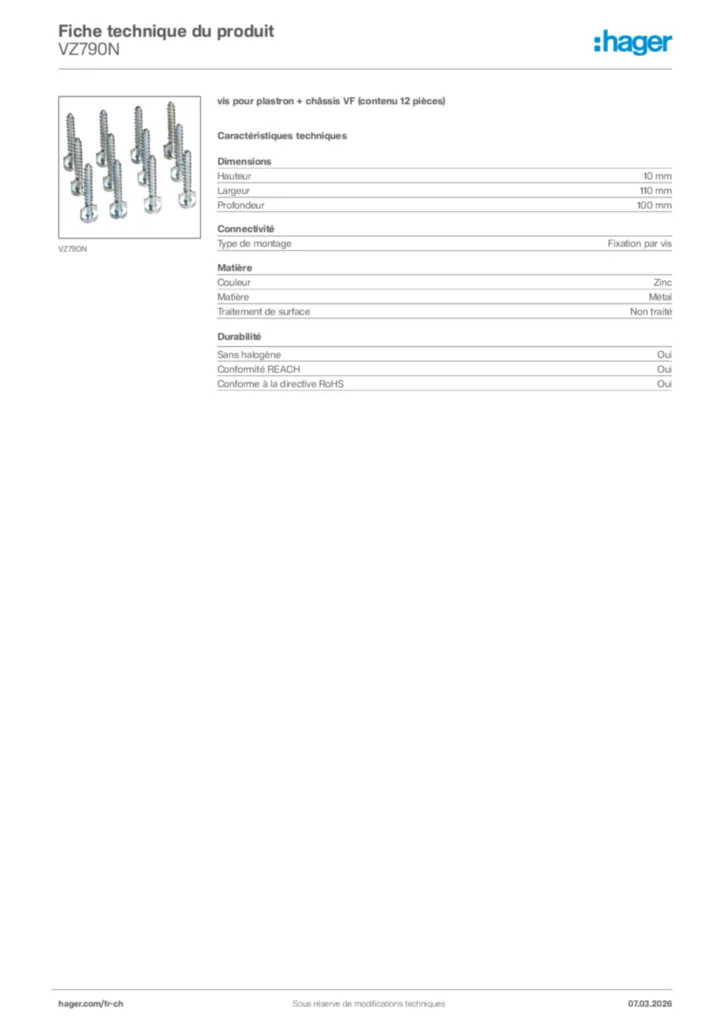 Image Hager Fiche technique du produit VZ790N | Hager Suisse