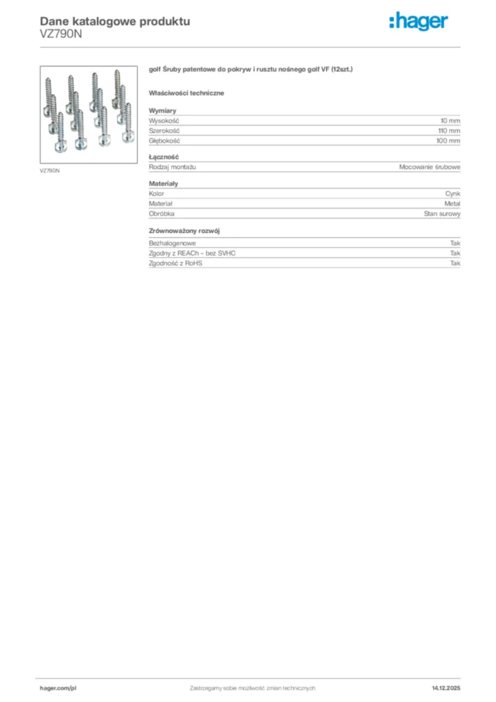 Zdjęcie Hager Karta katalogowa VZ790N | Hager Polska