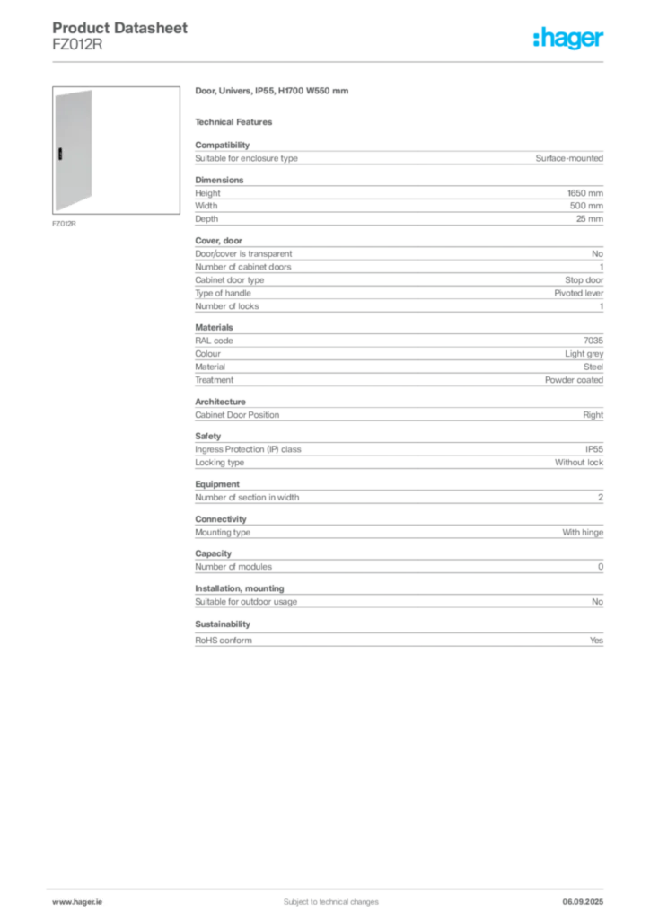 Image Hager Product data sheet FZ012R  | Hager