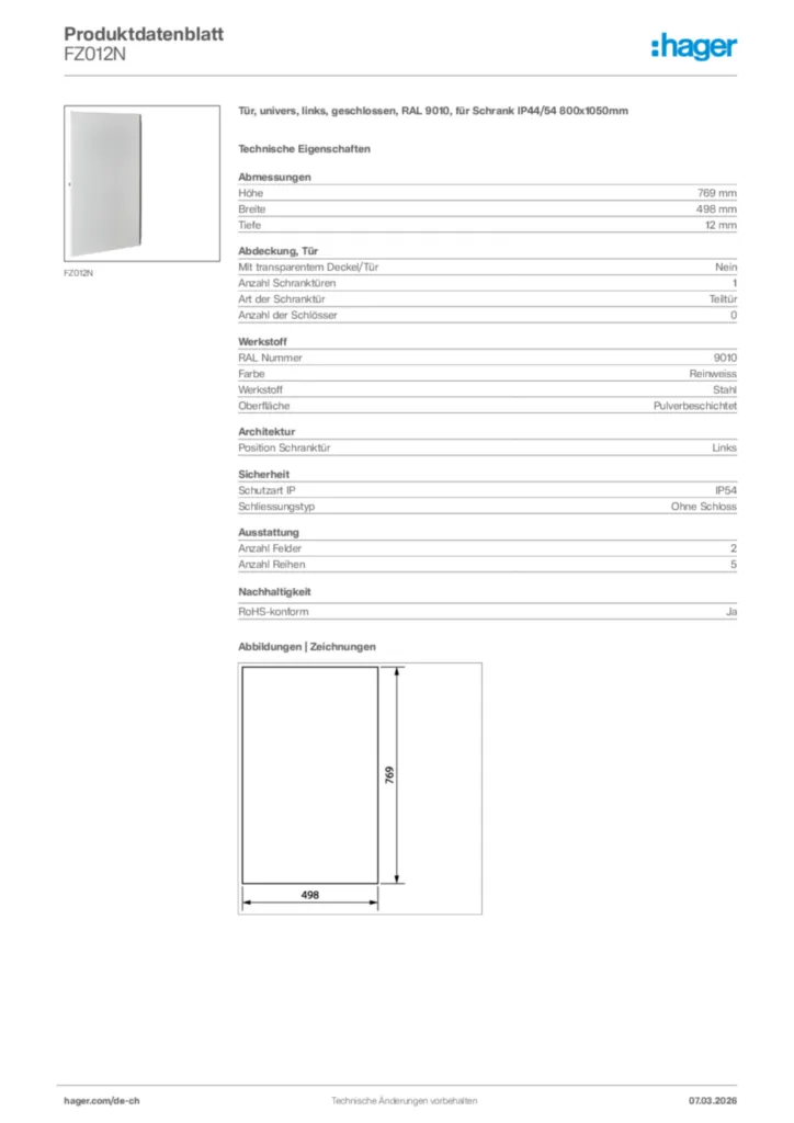 Bild Hager Produktdatenblatt FZ012N | Hager Schweiz