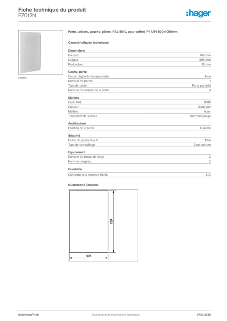Image Hager Fiche technique du produit FZ012N | Hager Suisse
