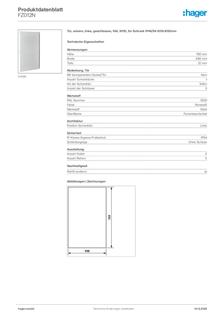 Bild Hager Produktdatenblatt FZ012N | Hager Deutschland