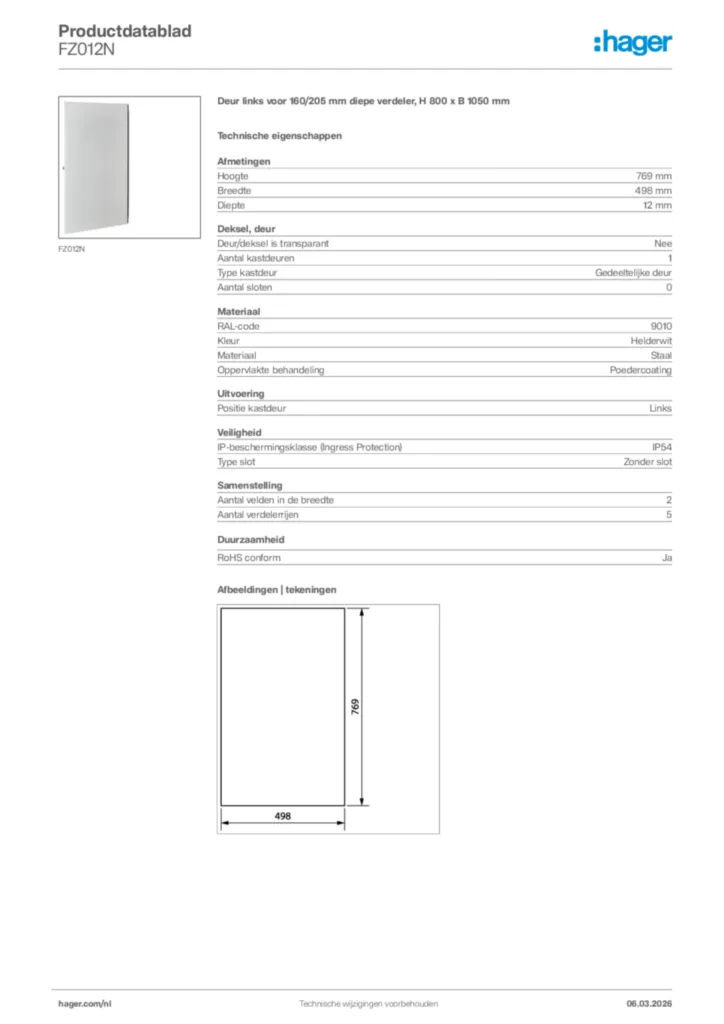 Afbeelding Hager Productdatablad FZ012N | Hager Nederland