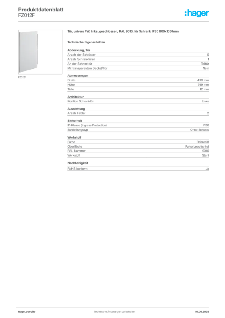 Bild Hager Produktdatenblatt FZ012F | Hager Deutschland