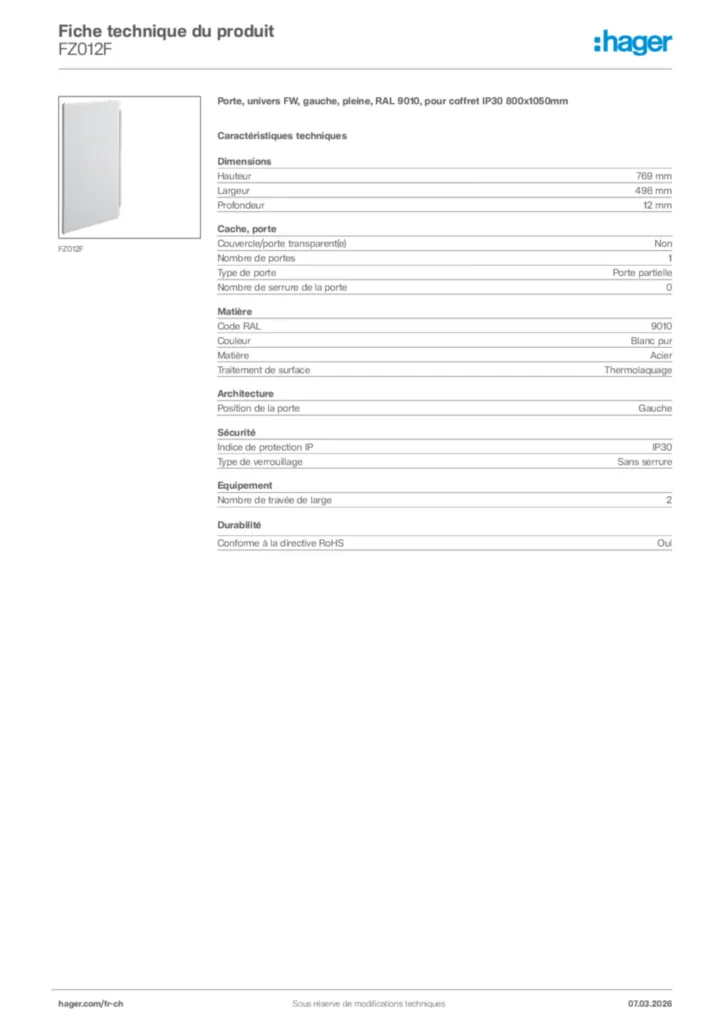 Image Hager Fiche technique du produit FZ012F | Hager Suisse