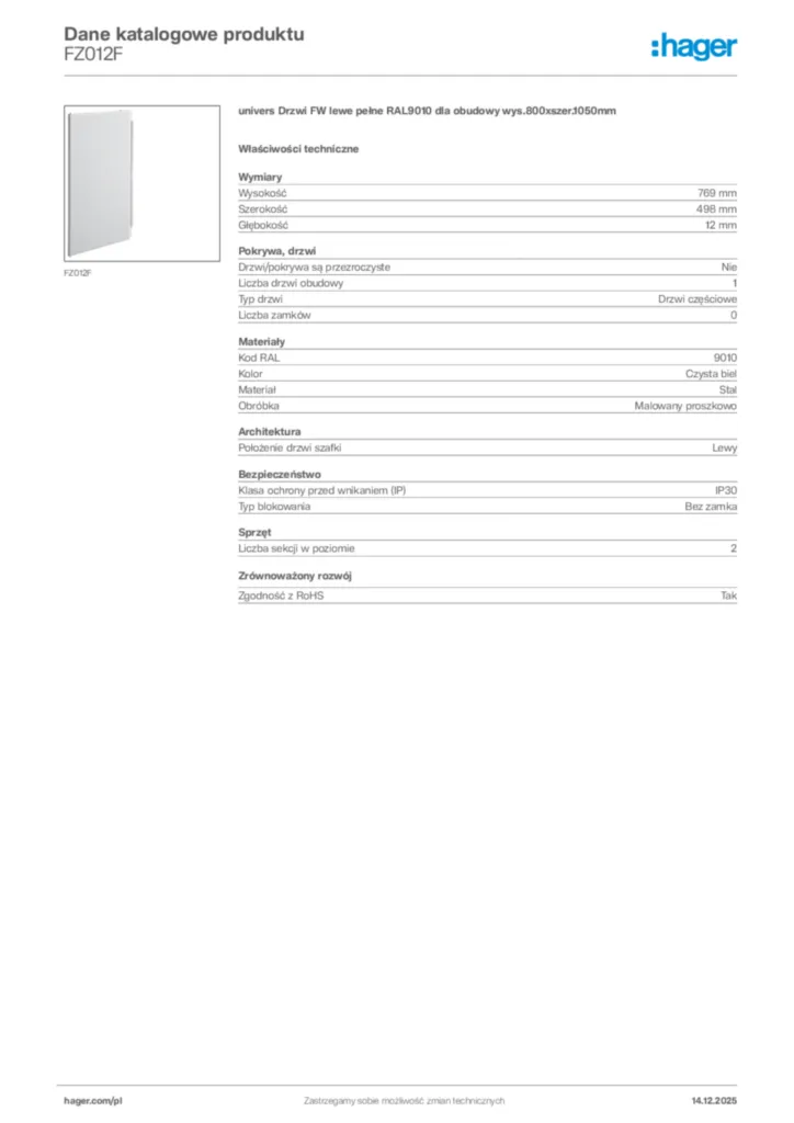 Zdjęcie Hager Karta katalogowa FZ012F | Hager Polska