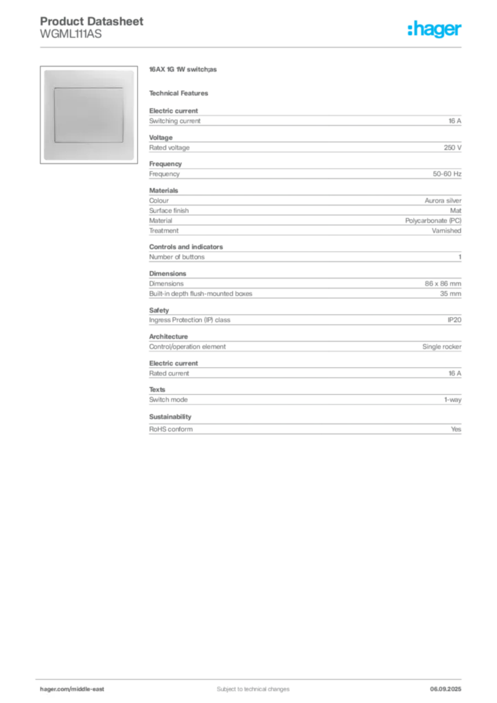 Image Hager Product data sheet WGML111AS  | Hager