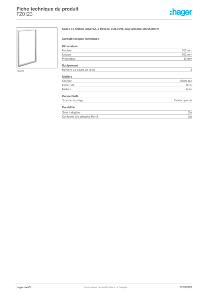 Image Hager Fiche technique du produit FZ012B | Hager France