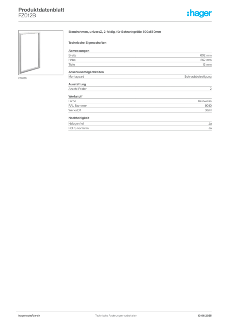 Bild Hager Produktdatenblatt FZ012B | Hager Schweiz