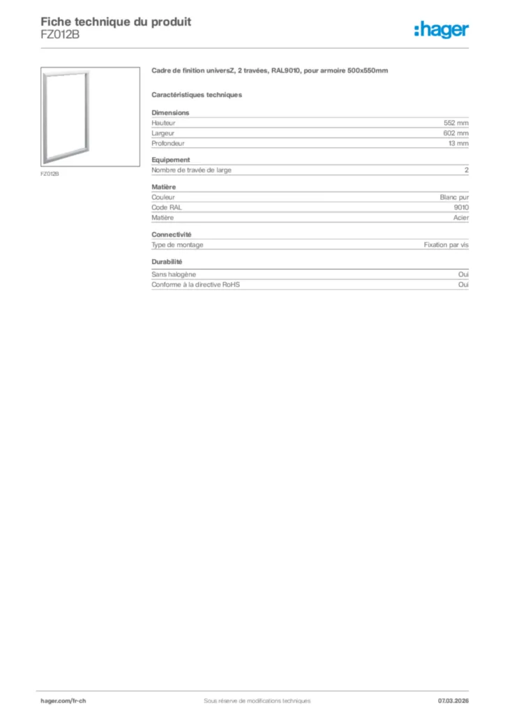 Image Hager Fiche technique du produit FZ012B | Hager Suisse