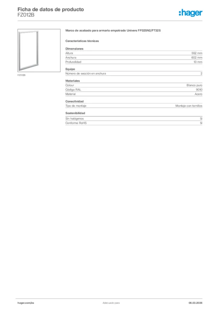 Imagen Hager Ficha de datos de producto FZ012B | Hager España