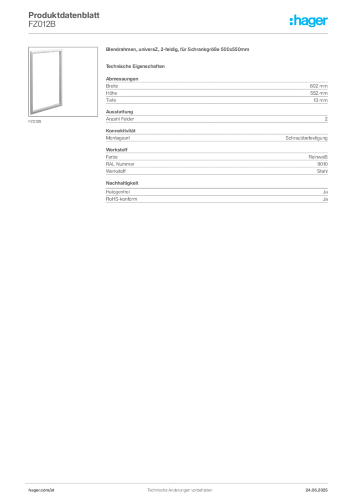 Bild Hager Produktdatenblatt FZ012B | Hager Deutschland