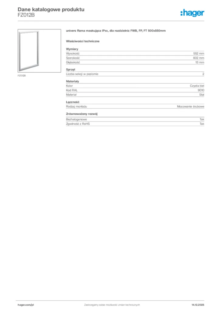 Zdjęcie Hager Karta katalogowa FZ012B | Hager Polska