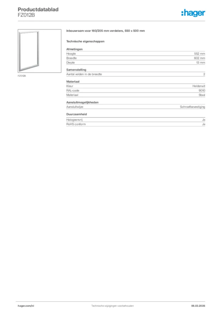 Afbeelding Hager Productdatablad FZ012B | Hager Nederland