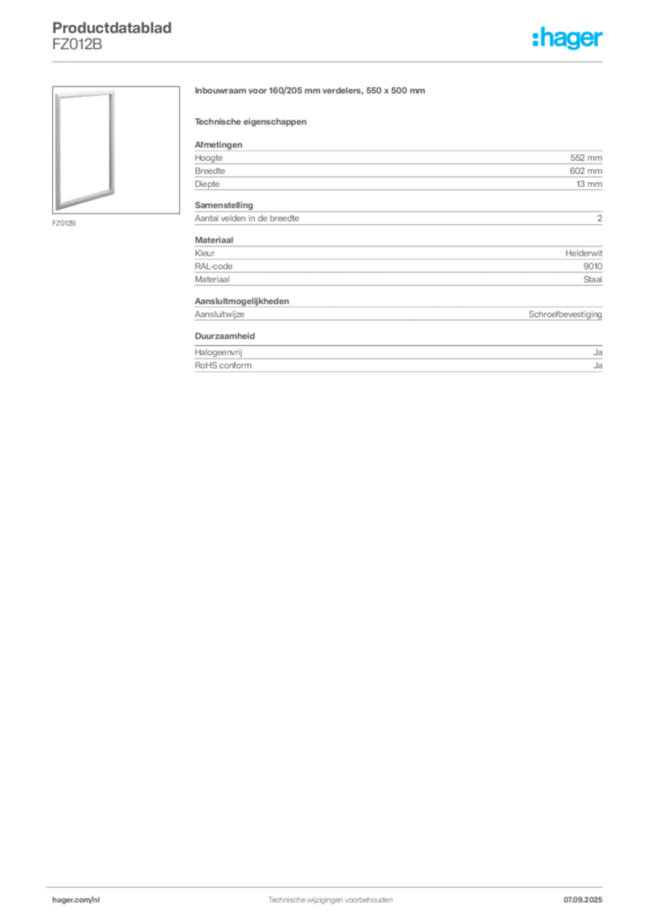 Afbeelding Hager Productdatablad FZ012B | Hager Nederland
