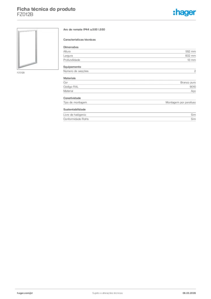 Imagem Hager Ficha técnica do produto FZ012B | Hager Portugal