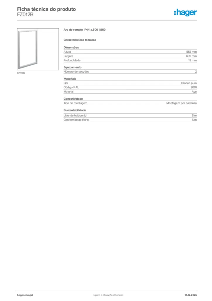 Imagem Hager Ficha técnica do produto FZ012B | Hager Portugal
