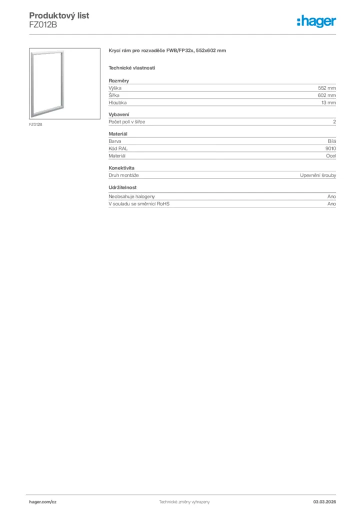 Obrázek Hager Product data sheet FZ012B | Hager