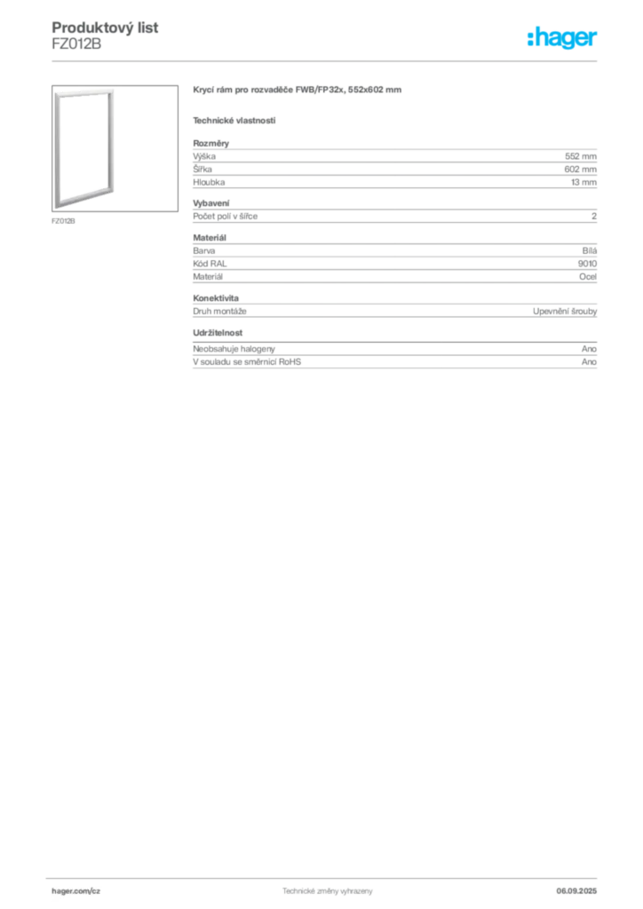 Obrázek Hager Produktový list FZ012B | Hager