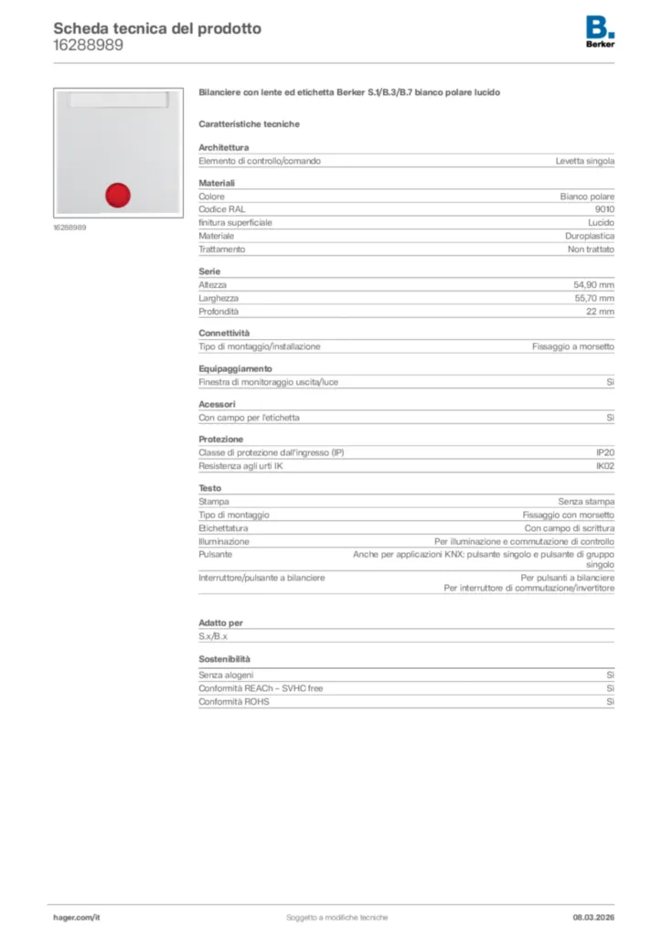 Immagine Berker Scheda tecnica del prodotto 16288989 | Hager Italia