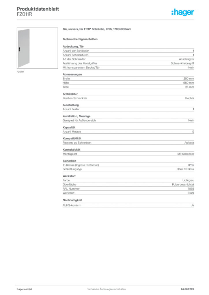 Bild Hager Produktdatenblatt FZ011R | Hager Deutschland